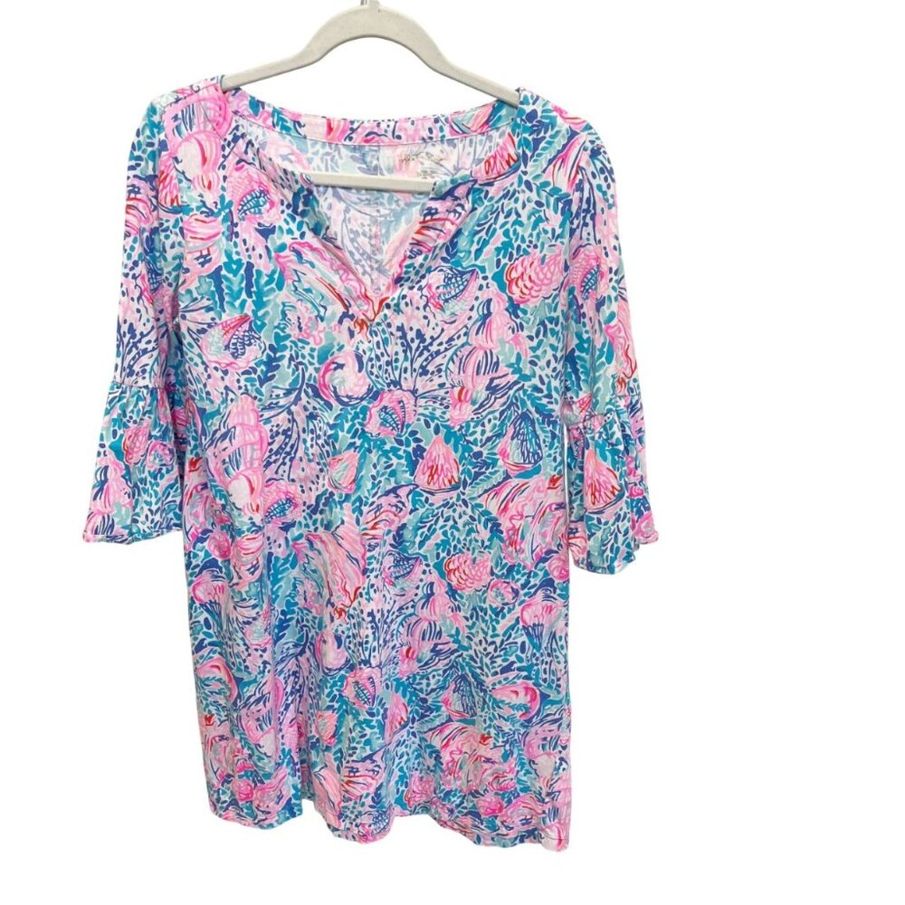 Lilly Pulitzer Tosha Dress Treasure Trove Blue Pink‎ Bell Sleeve Preppy - SMALL